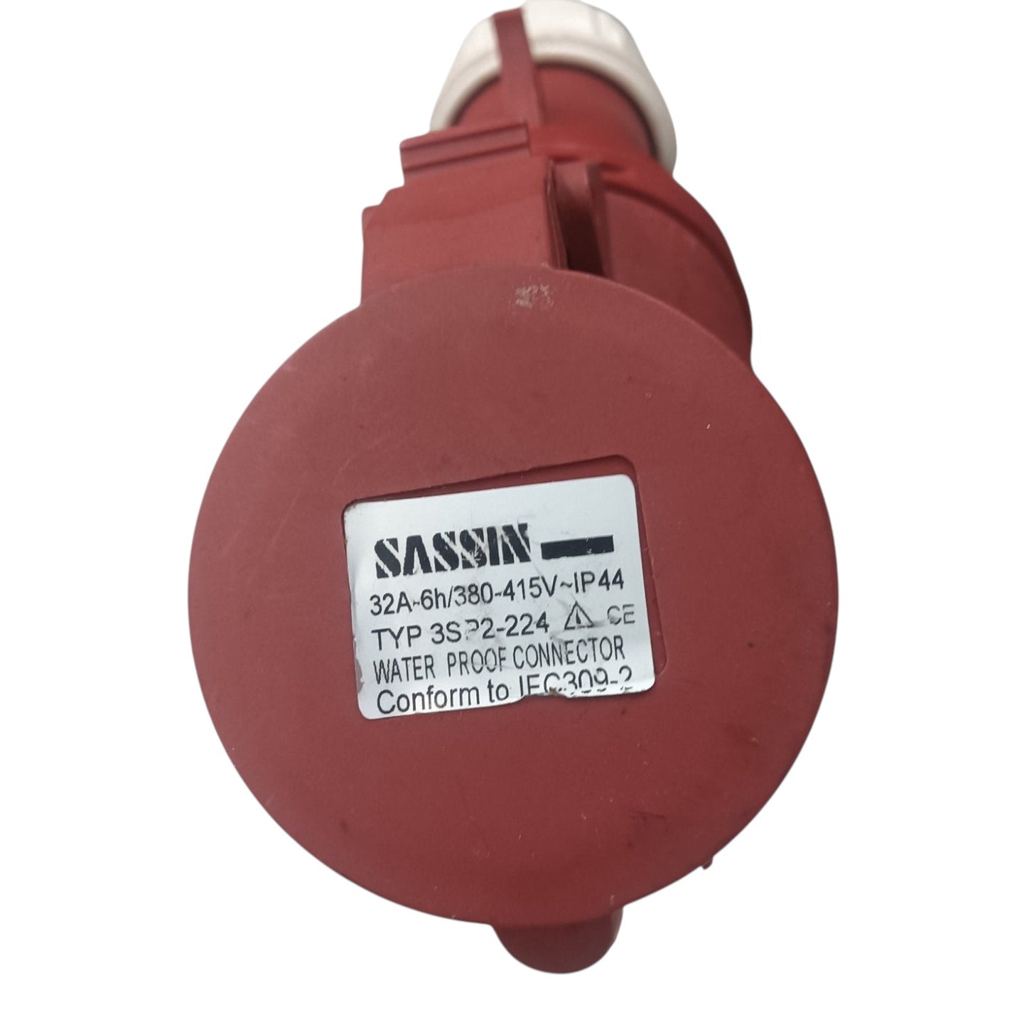 Red waterproof connector with SASSIN branding on a white background