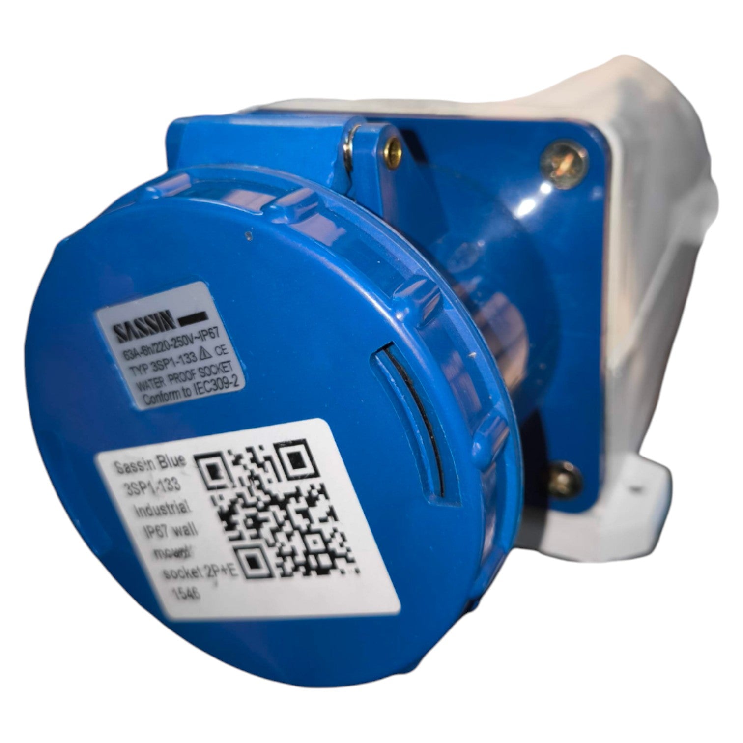 Blue tape measure with a white handle on a white background