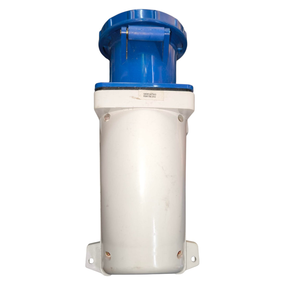 White cylindrical container with blue top on a white background