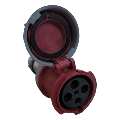 Red electrical plug on a white background