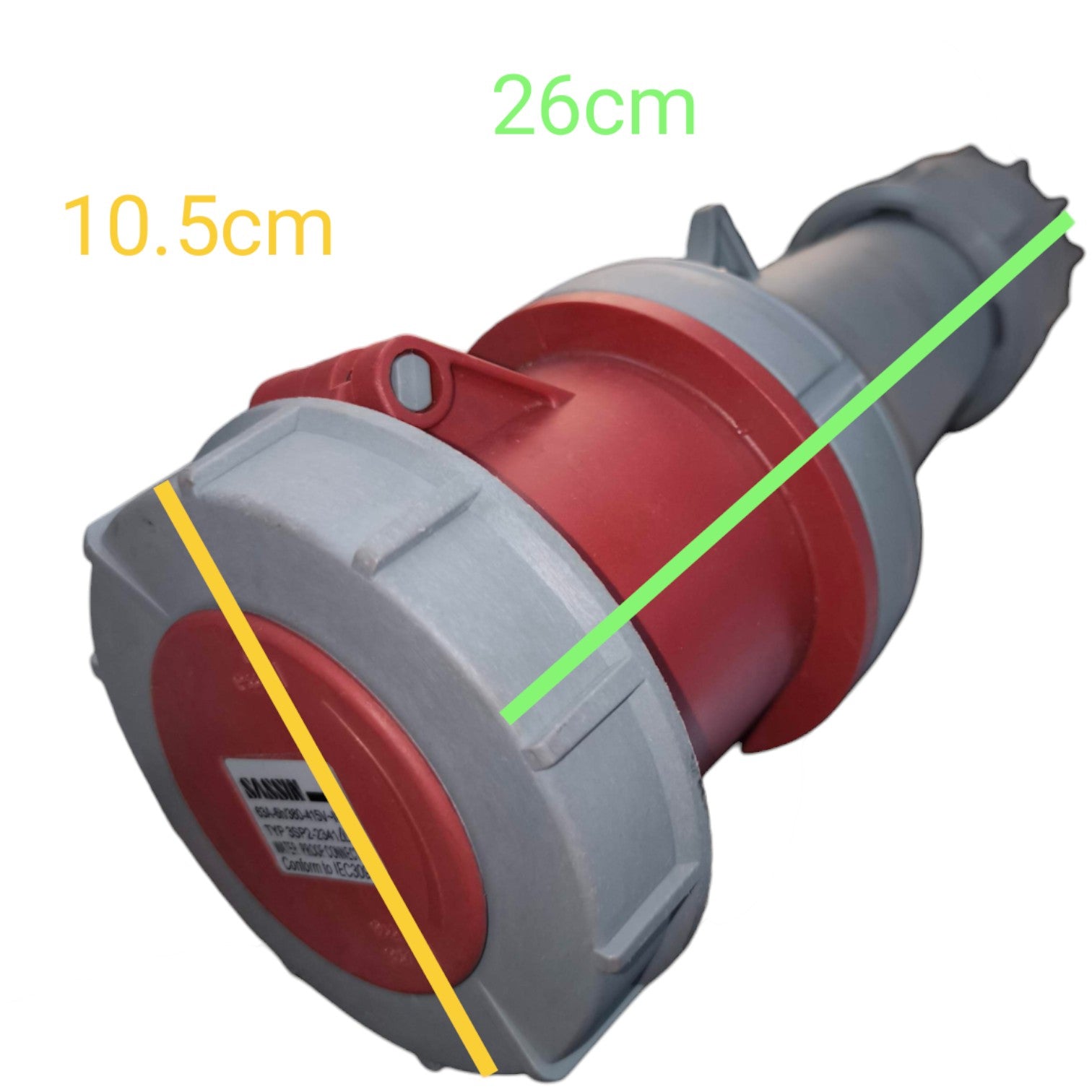 Red and gray electrical plug with measurements on a white background