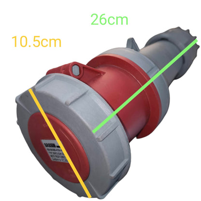 Red and gray electrical plug with measurements on a white background