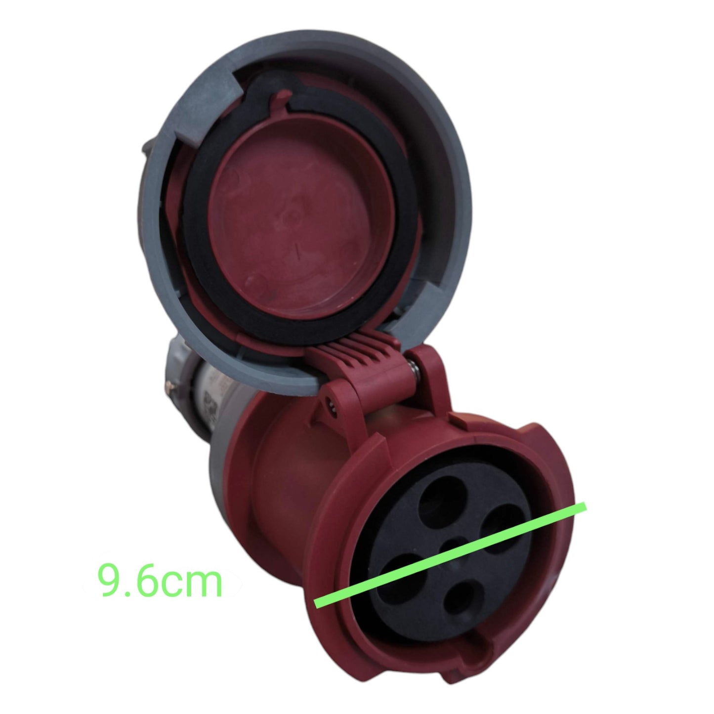 Red electrical plug with a measurement label on a white background