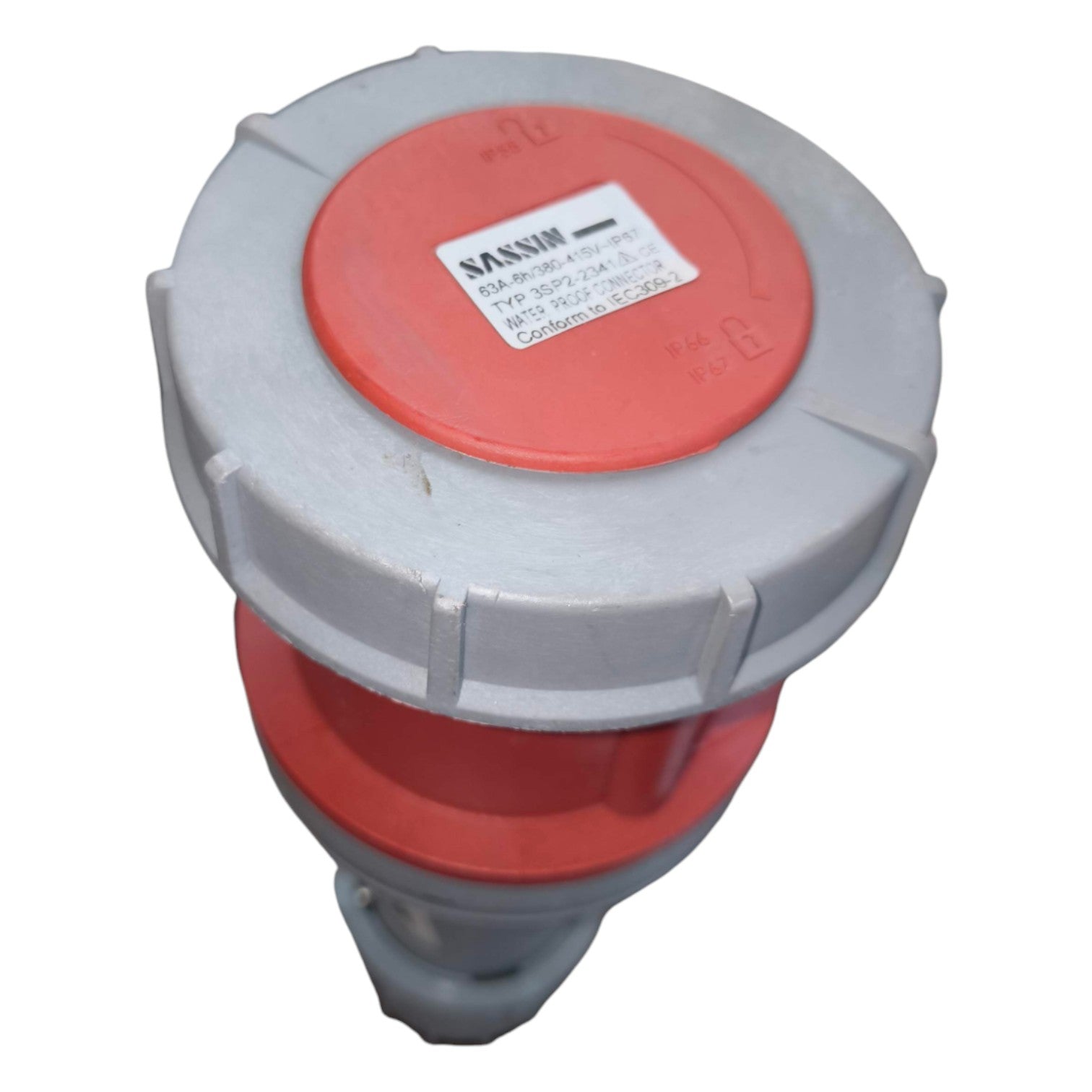 Red and gray container with a label on a white background