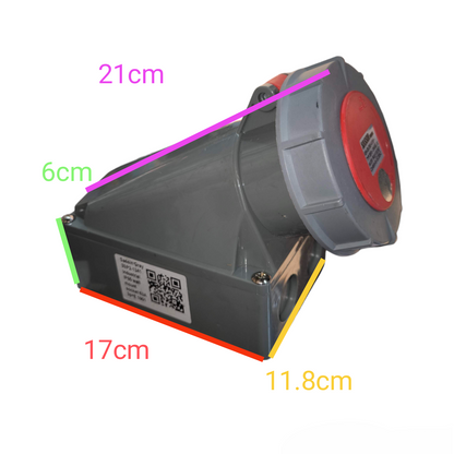 Sassin 4 Pins Industrial Outlet Wall Type power point in gray and red with labeled dimensions