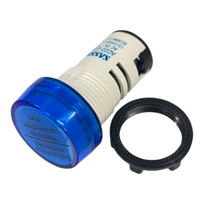 A cylindrical replacement filter assembly with a translucent blue cap, a white ribbed body, blue printed text, and a separate black circular gasket ring on a plain white background.