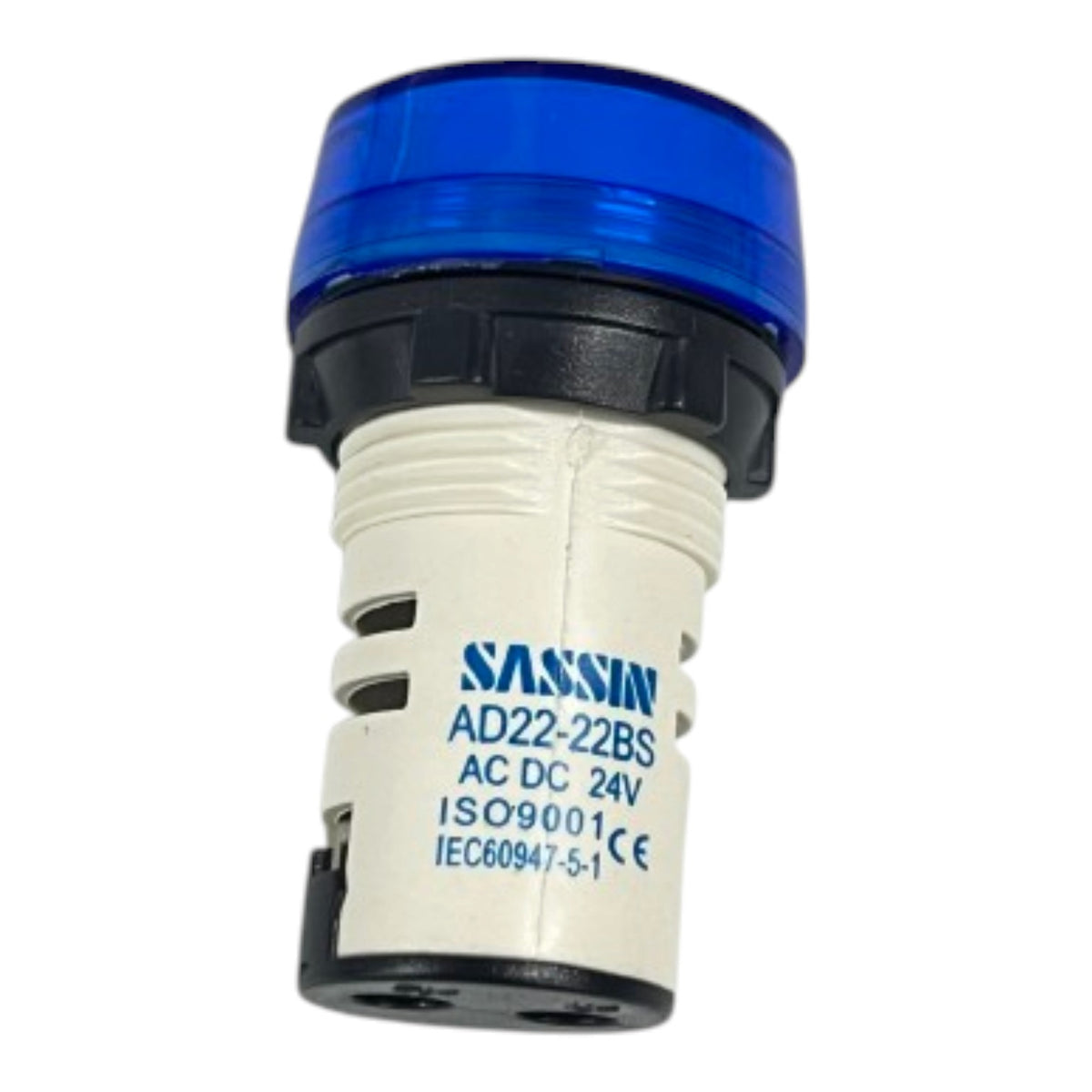 A SASSIN AD22-22BS electrical push-button switch with a translucent blue top cap, black base, and white ribbed body, shown on a plain white background.