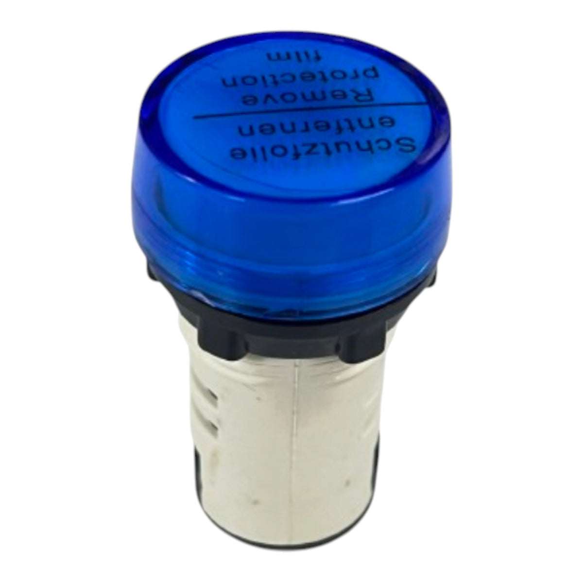 A blue protective film cover for an automotive light bulb, shown on a white background with the text 'Schutzfolie entfernen' and 'Remove protection film' printed on it.