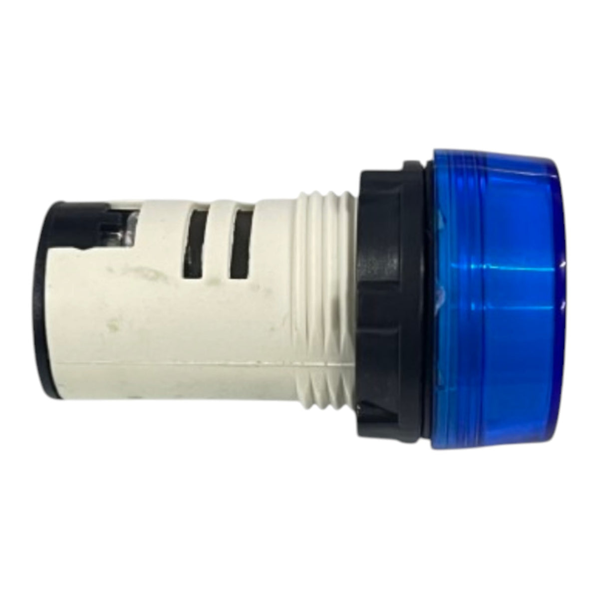 A cylindrical industrial component with a white ribbed body, black end caps, and a translucent blue circular end section, shown on a plain white background.