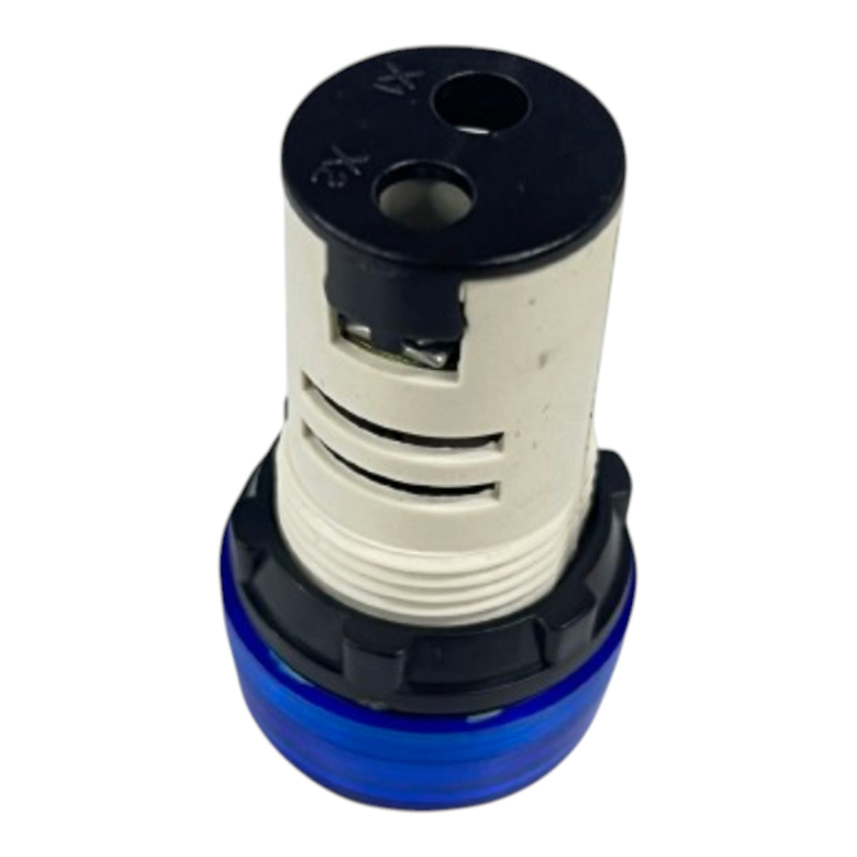 A cylindrical plastic component, likely a filter or nozzle assembly, featuring a white body with horizontal slits, a black top cap with molded markings, and a blue threaded base, shown on a plain white background.