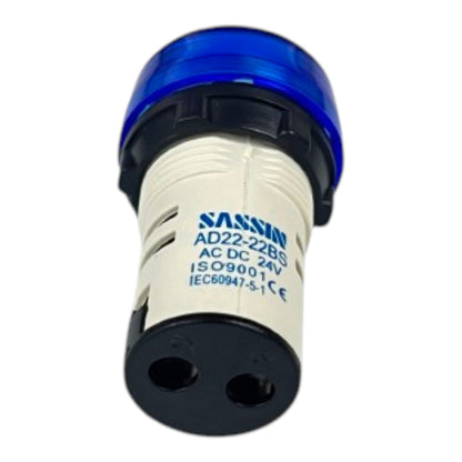 A SASSIO AD22-22BS electrical component with a blue translucent top, black base, and white body, shown on a plain white background.