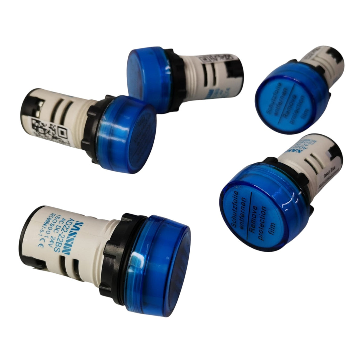 Four Mann industrial pressure sensor probes with blue translucent lenses and white bodies, shown from different angles on a white background.