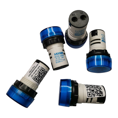 Five SANSIM pneumatic directional valves shown from different angles on a plain white background, highlighting the blue translucent end caps, black and white body sections, and printed specifications.