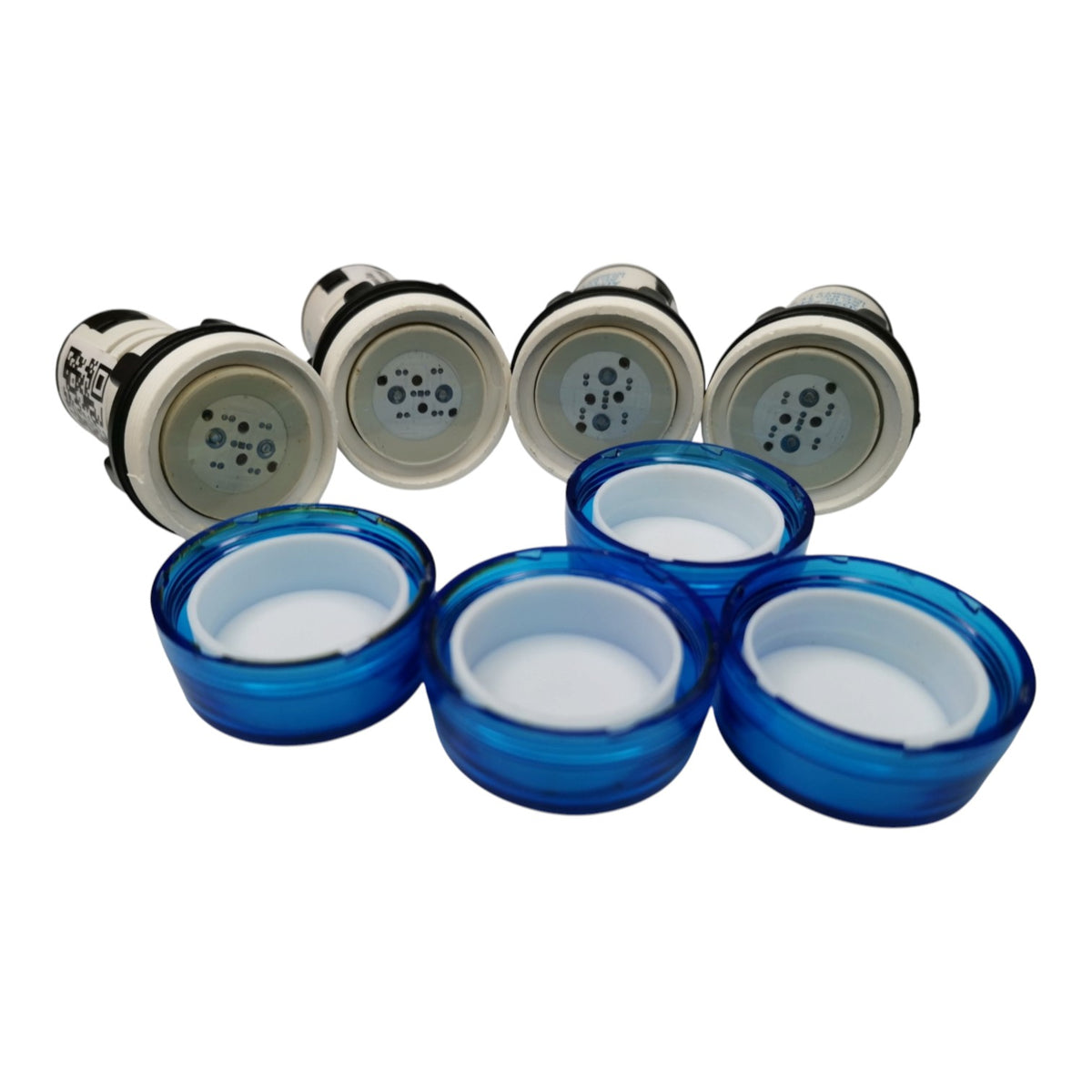 Six LED underwater light fixtures for aquariums, including four silver and black waterproof housings and four blue translucent dome lenses, shown on a white background.