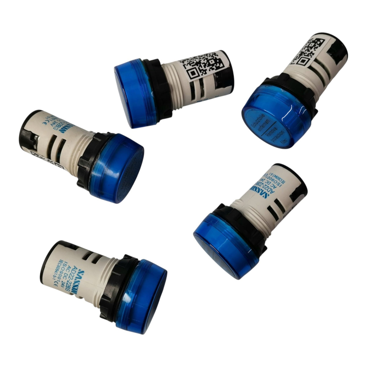 Four small cylindrical automotive light bulbs with blue translucent lenses and white bodies, arranged on a plain white background.