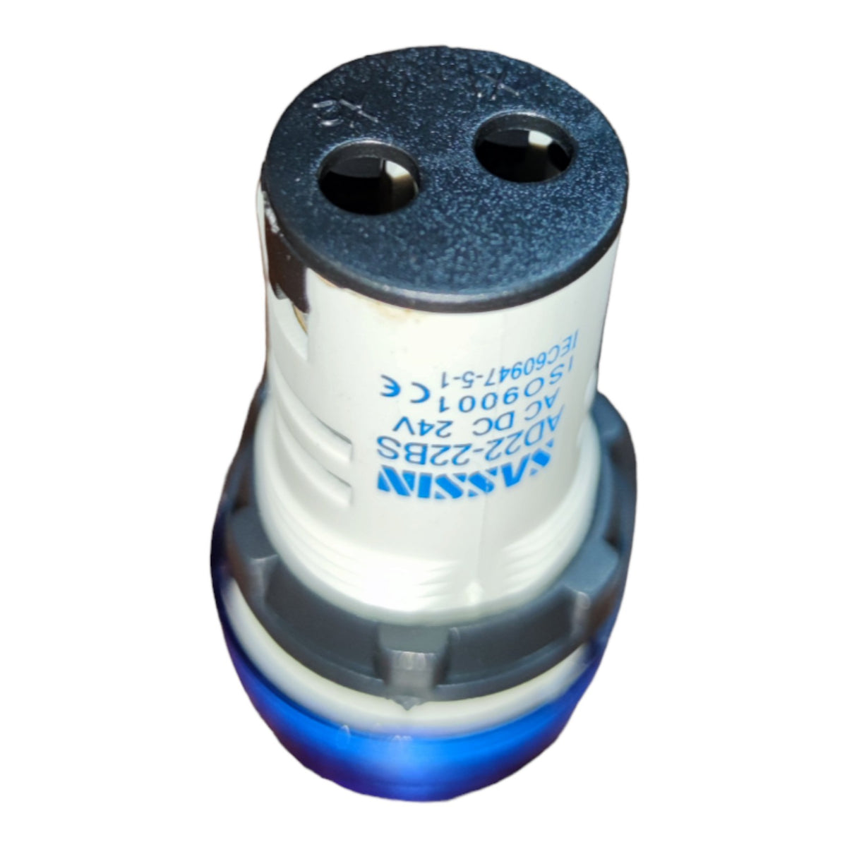 A Nisnin automotive LED light component, model AD22-22BS, featuring a white body with blue printed text, a black textured top cap with two circular openings, and a blue-accented base, shown on a plain white background.