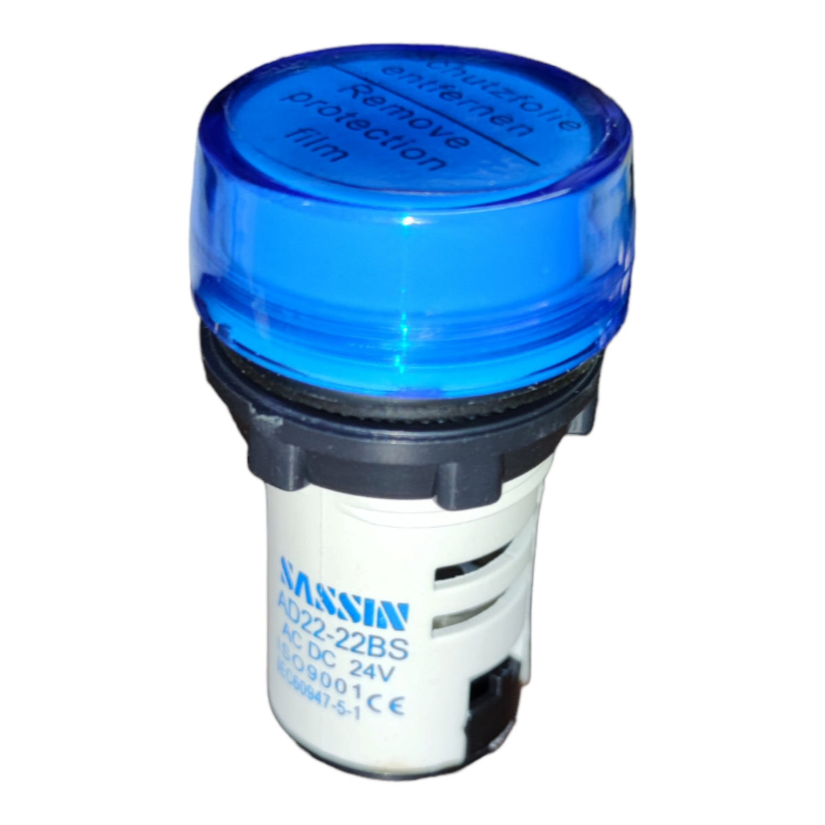 A MAXIN industrial alarm relay module, model MS22-22BS, featuring a translucent blue top cap with printed safety text, a black plastic collar, and a white body with blue printed specifications.