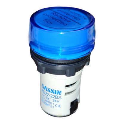 A MAXIN industrial alarm relay module, model MS22-22BS, featuring a translucent blue top cap with printed safety text, a black plastic collar, and a white body with blue printed specifications.