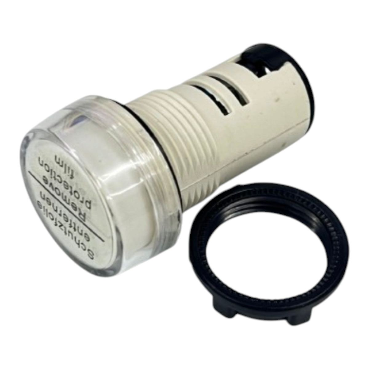 A cylindrical plastic component with a clear protective cap and black end, shown alongside a separate black ring-shaped gasket on a plain white background.