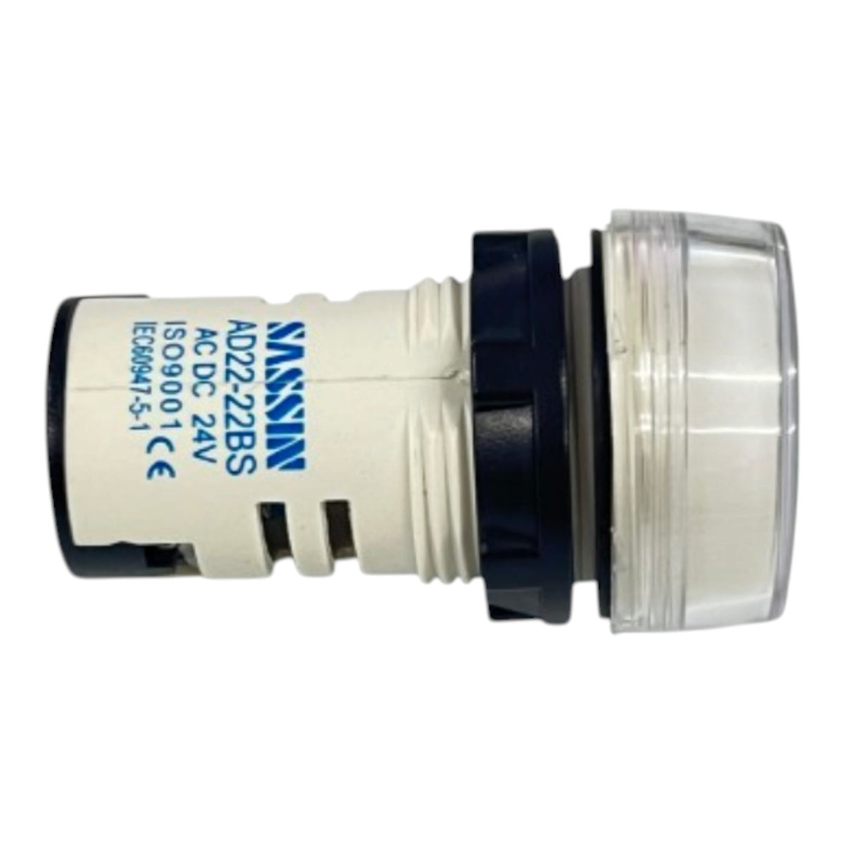 A Nissin industrial push-button module, model AD22-22BS, featuring a white plastic body with blue printed text, a black ribbed collar, and a clear plastic cover on the right side, set against a plain white background.