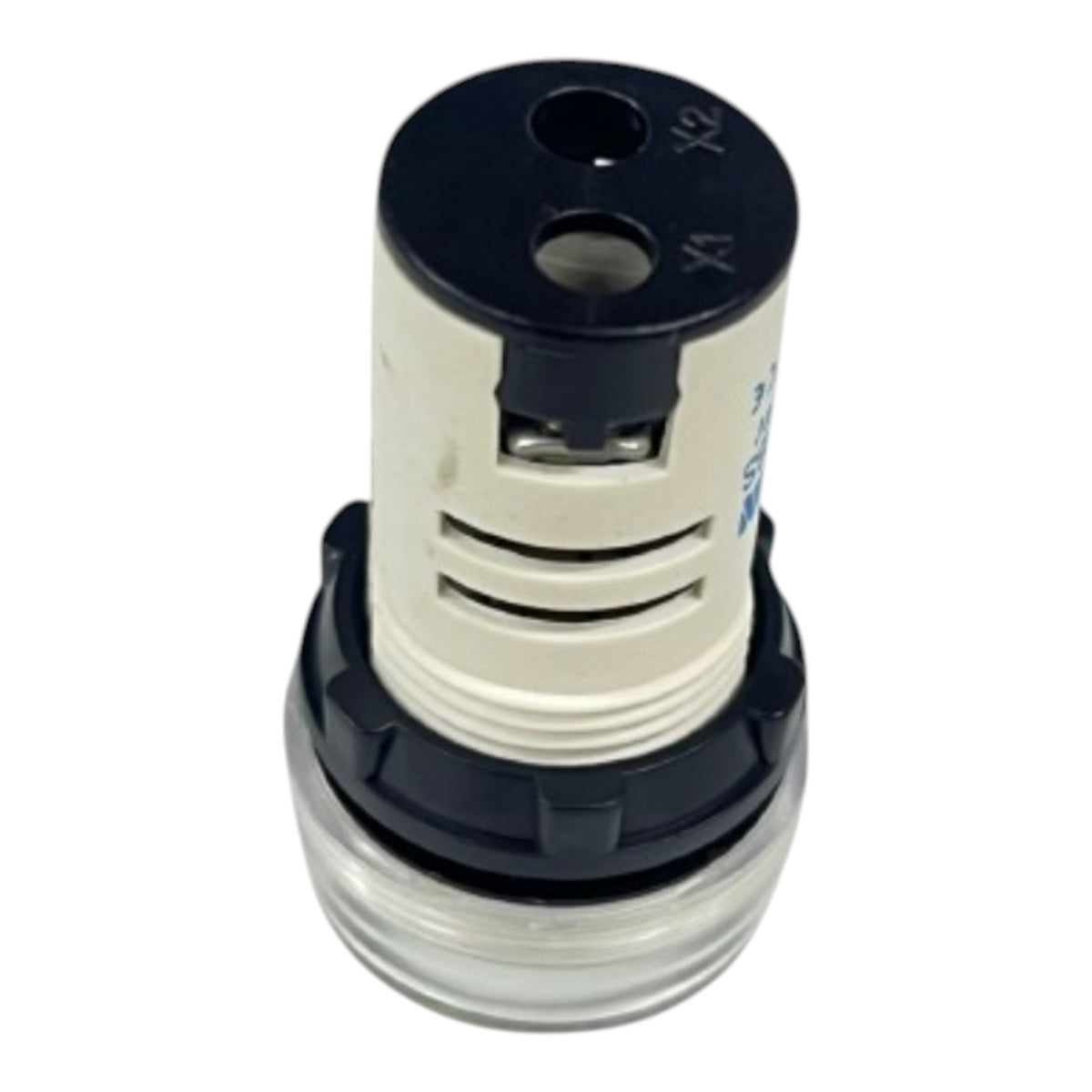 A cylindrical replacement component with a black top cap, a cream-colored ribbed body, a black collar, and a clear plastic base, shown on a white background.
