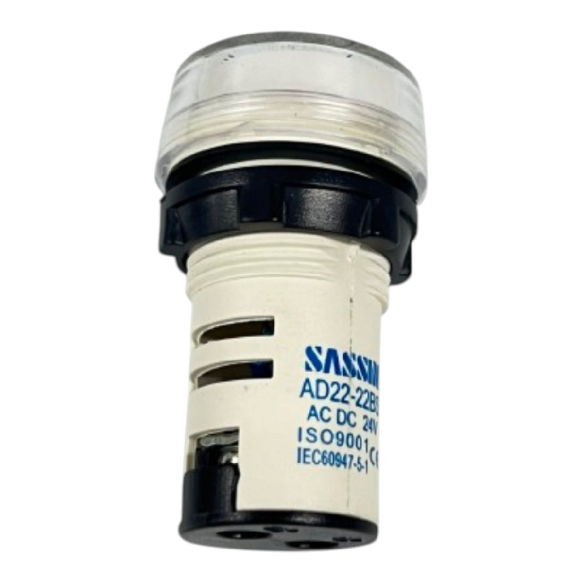 A SASSI industrial indicator light switch, model AD22-228B, featuring a clear plastic top lens, black plastic mounting collar and base, and a white cylindrical body with blue printed text.