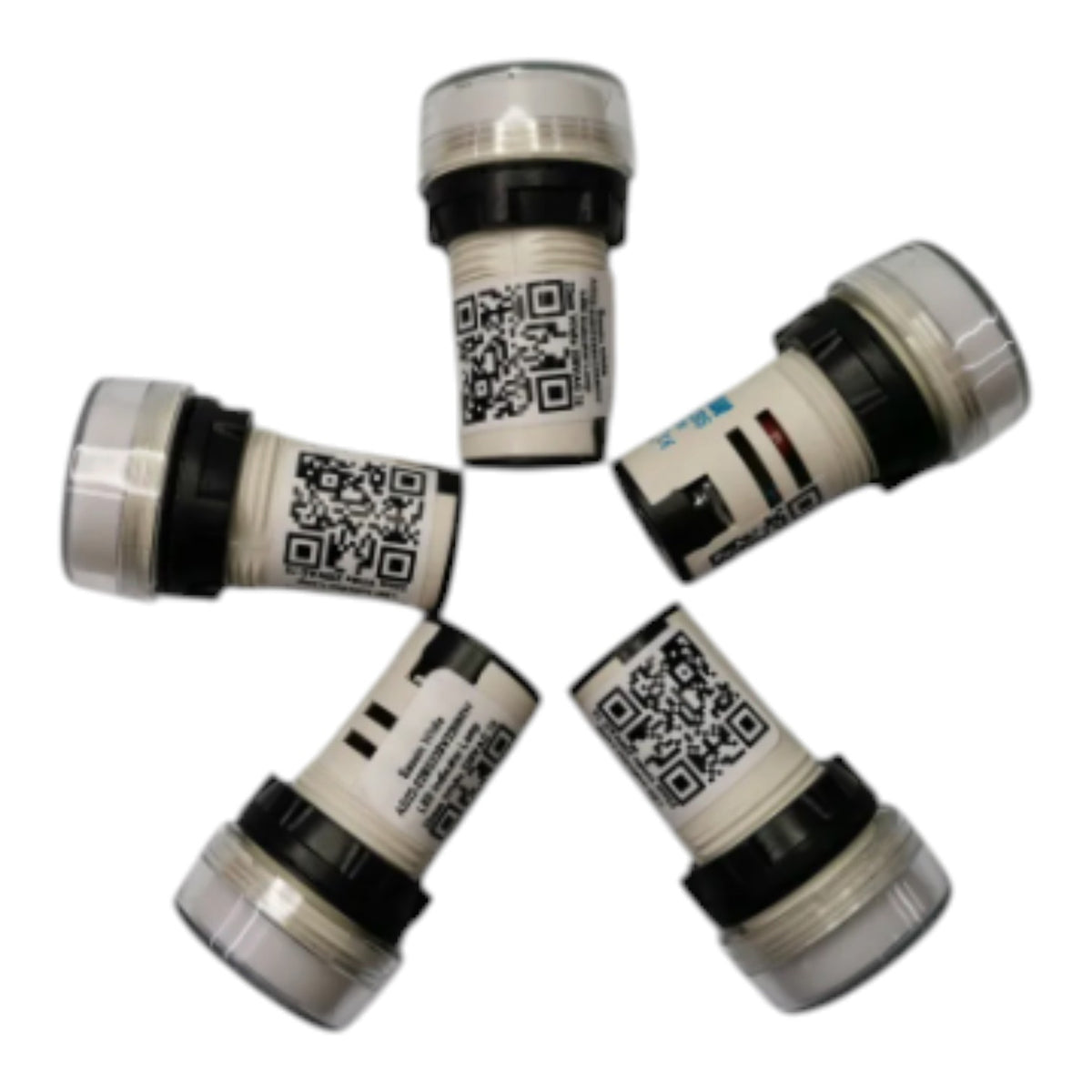 Five small cylindrical electronic components with clear plastic tops and bottoms, black middle sections, and white labels printed with QR codes, arranged in a loose circle on a white background.