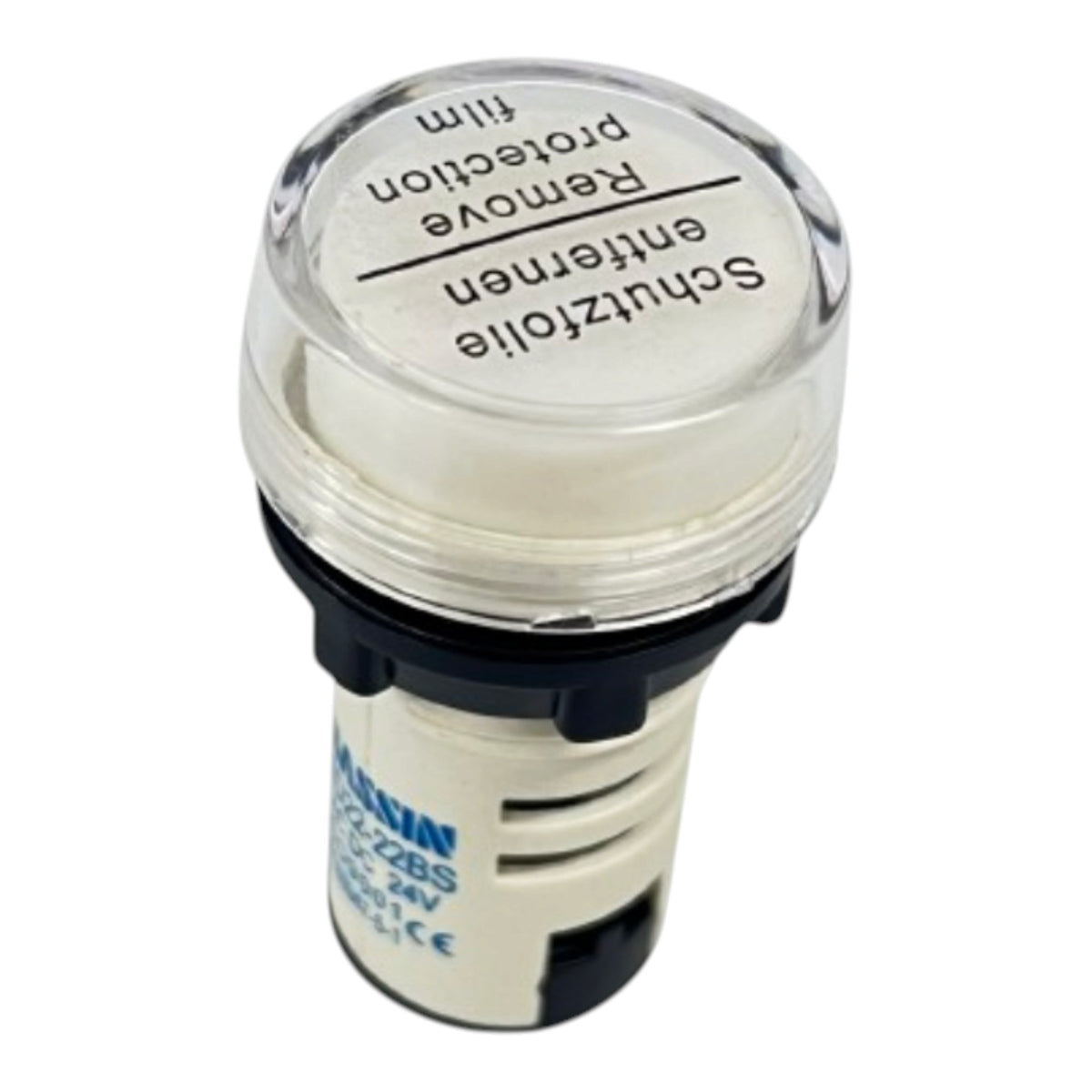 A small cylindrical automotive light switch with a clear plastic top cover, white body, and black plastic base, featuring printed German text on the top and blue branding on the side.