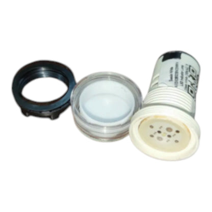 A cylindrical replacement filter cartridge with a white plastic body, a black top cap, and a clear plastic base, shown alongside a black rubber gasket on a white background.