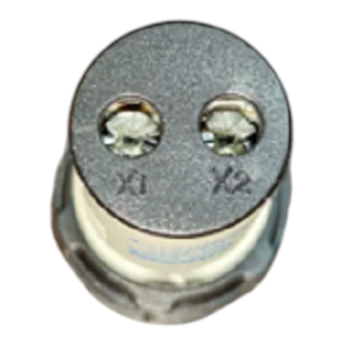 A small cylindrical metal component with two screw terminals on a circular top face, labeled X1 and X2, shown on a plain white background.