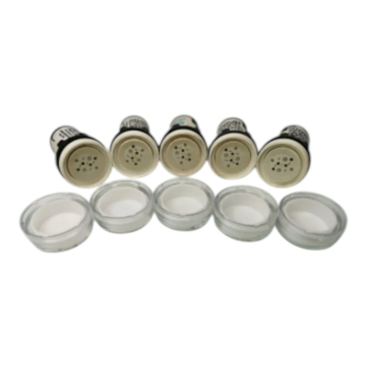 Six clear glass or plastic shallow bowls arranged in a row, with five matching clear cylindrical tops or inserts placed above each bowl on a white background.