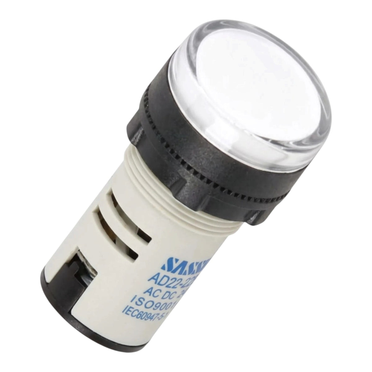 A MAXWELL industrial indicator light socket with a clear lens, black plastic collar, and white base with blue printed text, shown on a white background.