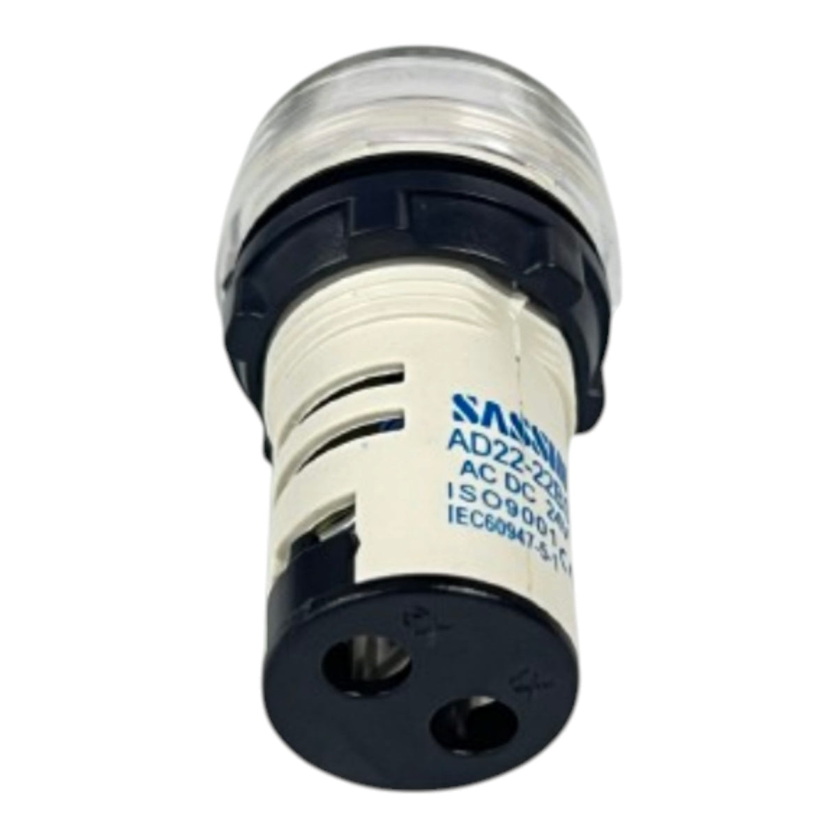 A Siemens electrical push-button switch module, model AD22-2200, featuring a clear top cover, black plastic base and collar, and a white insulated central body with blue printed specifications.