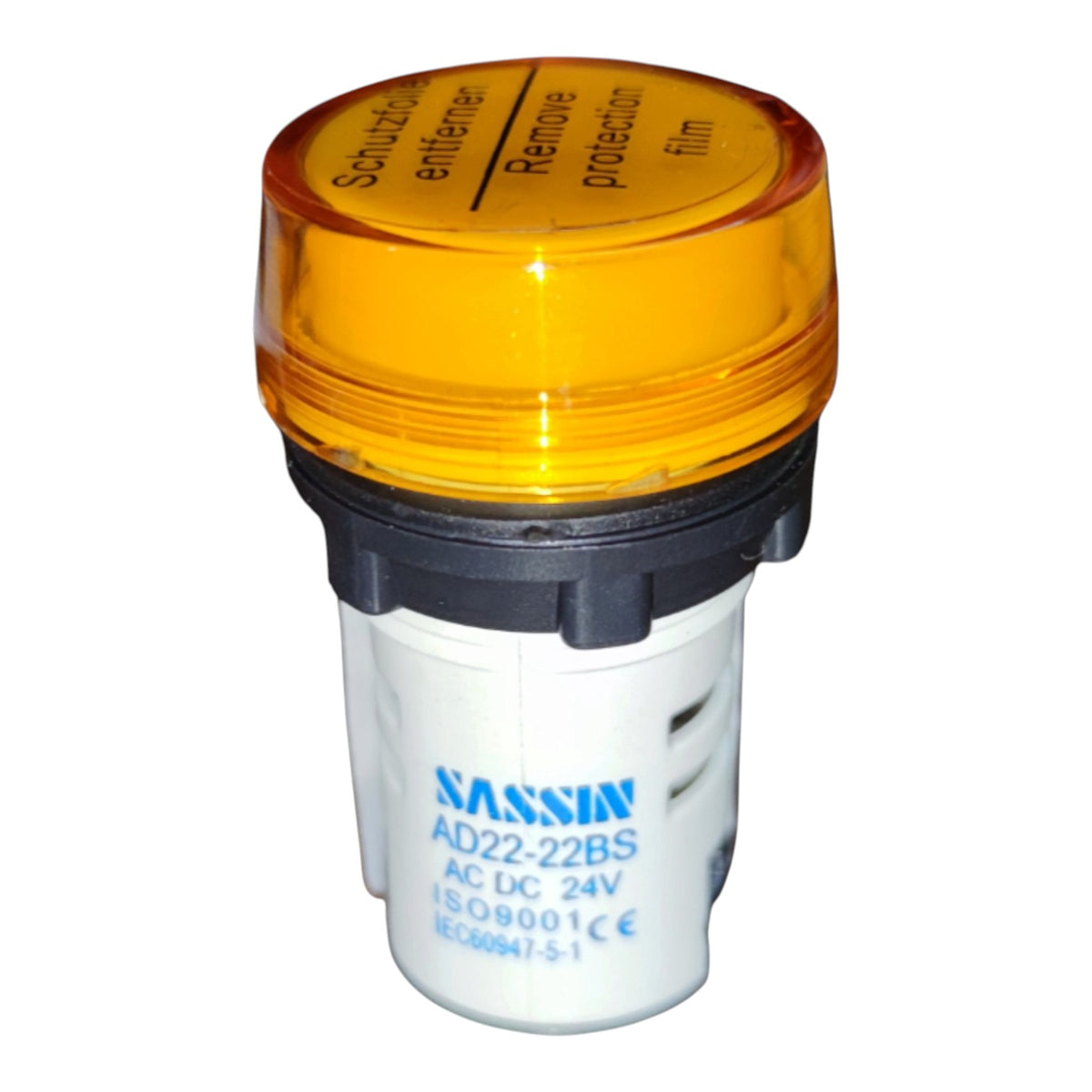 A SASSIN AD22-22BS electrical protection film remover tool with a translucent amber top cap, black collar, and white plastic body printed with blue text.
