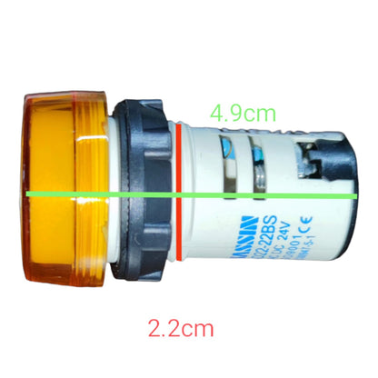 A cylindrical industrial indicator light with an amber glass lens, black ribbed collar, and white body printed with 'KSWM' and '222BDS'. Green and red dimension lines and text overlays show measurements of 4.