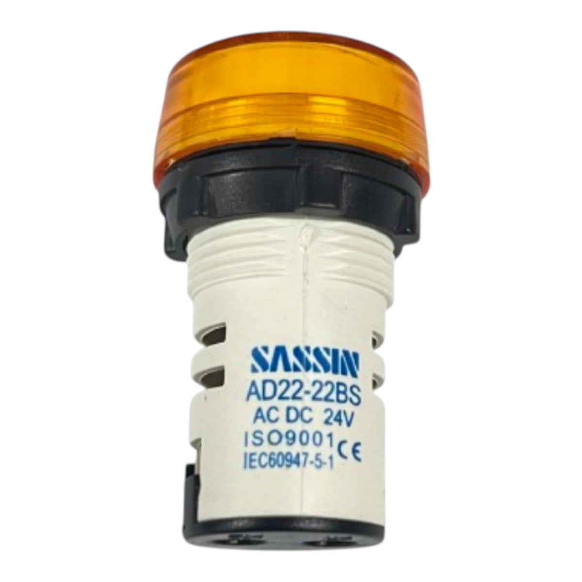 A SASSIn industrial push-button indicator light with an amber top lens, black collar, and white base with blue printed text.