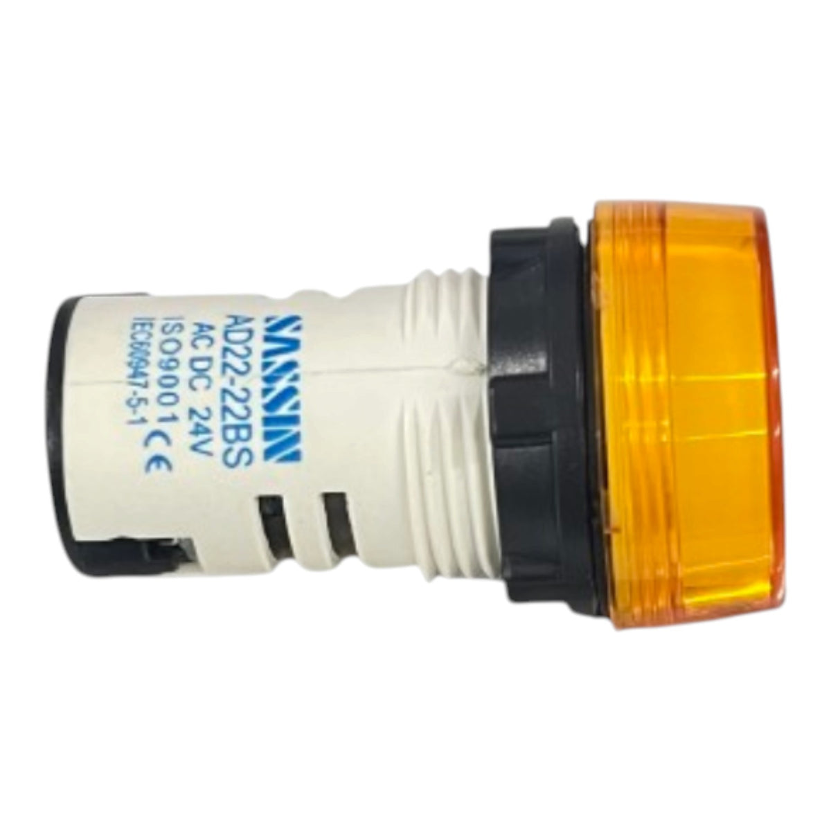 A NASKIN industrial push-button switch with a white plastic body, black end caps, and an amber orange translucent lens.