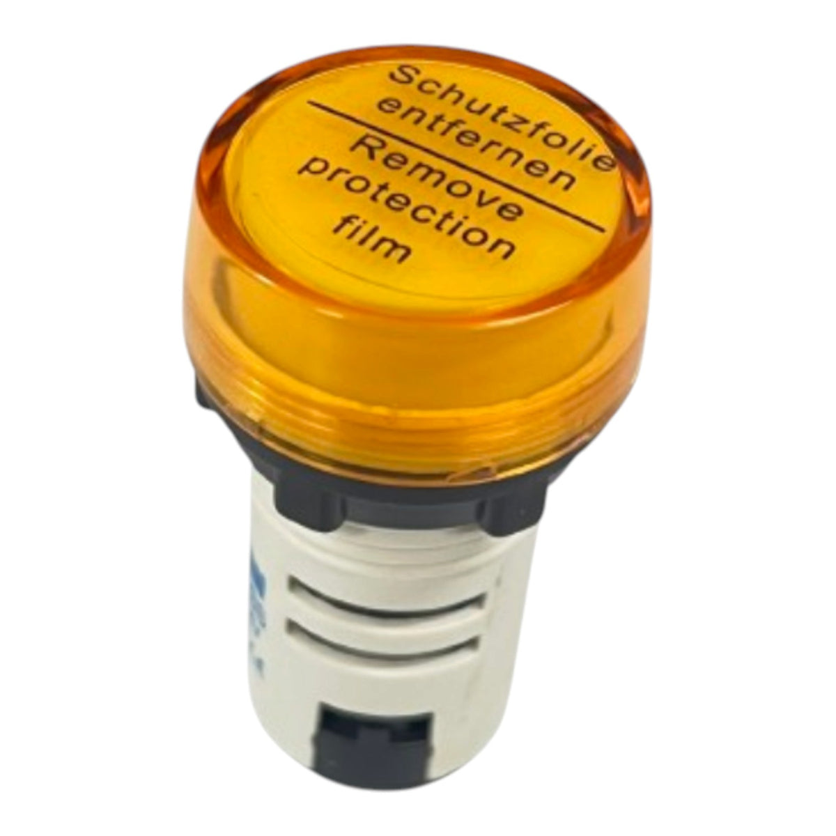 An automotive warning light with a translucent amber top and a white plastic base, featuring printed instructions in German and English on the amber cap.