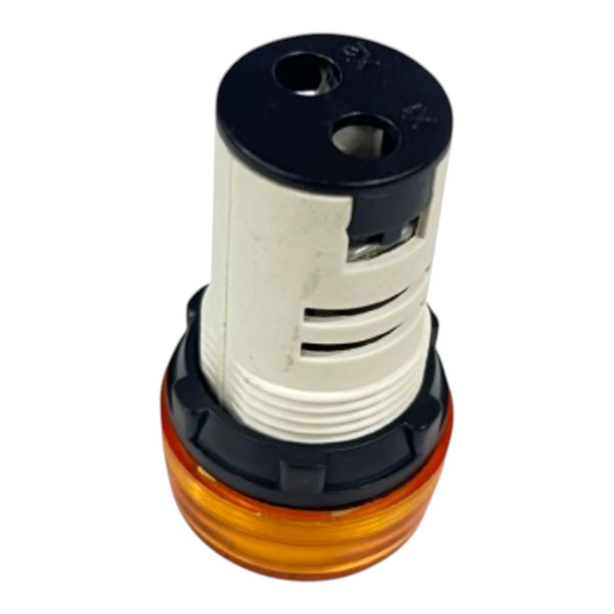 A cylindrical automotive light assembly featuring a black top cap, a white central body with ventilation slots, and an amber orange translucent bottom lens, isolated on a white background.