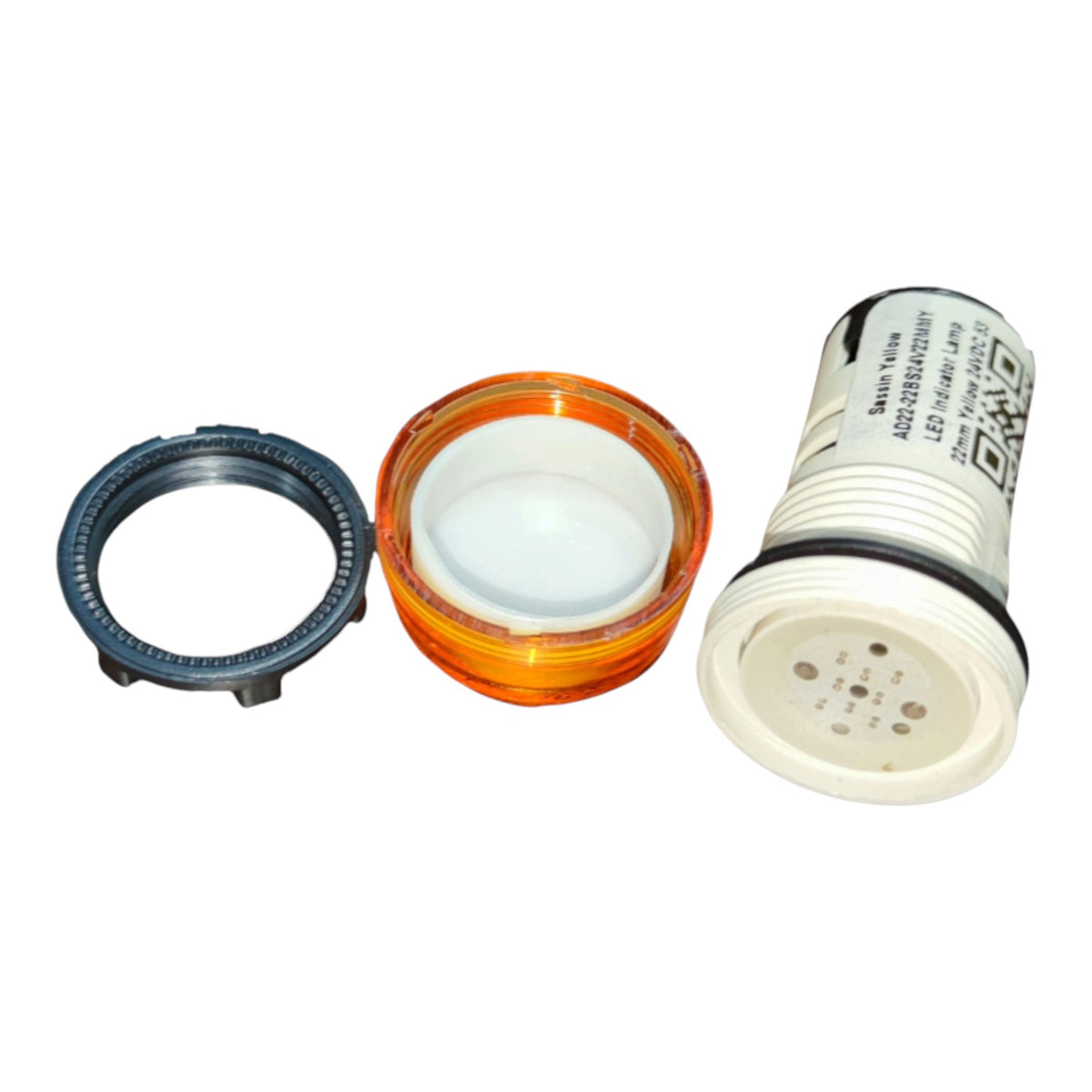 A marine LED light kit component set on a white background, including a black outer ring, an orange translucent lens, and a white cylindrical lamp body with printed specifications.