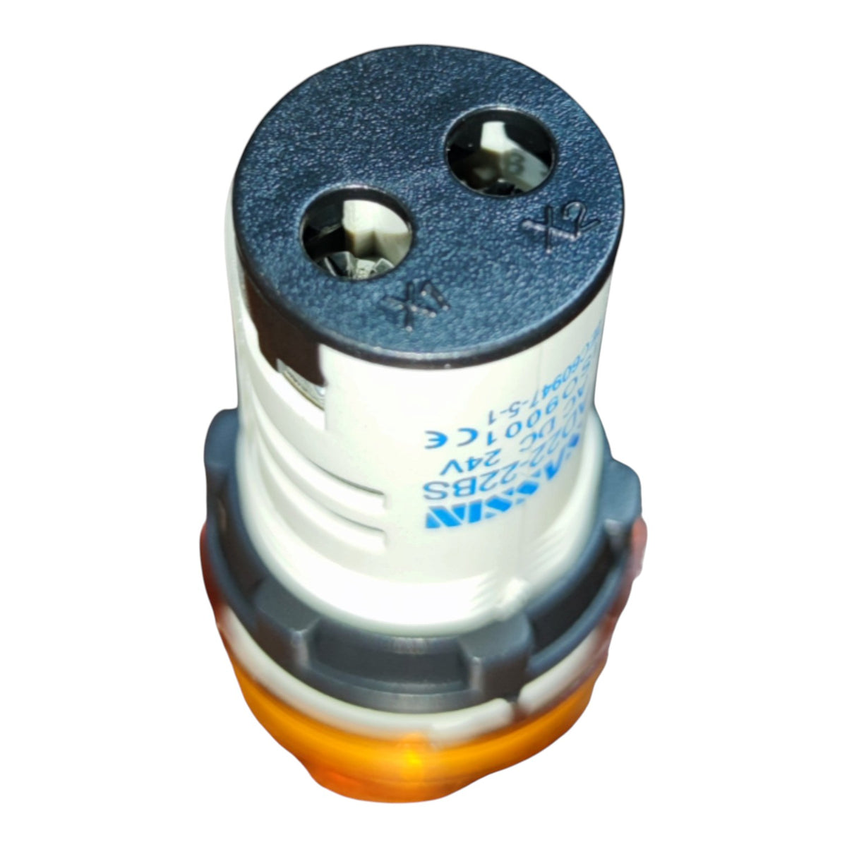 A miniature electrical connector component with a white body, a dark gray top terminal plate, and an orange bottom ring, shown on a plain white background.