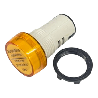 An automotive warning light assembly with a translucent amber protective film peeled back, showing the internal white bulb, alongside a separate black rubber gasket ring on a white background.