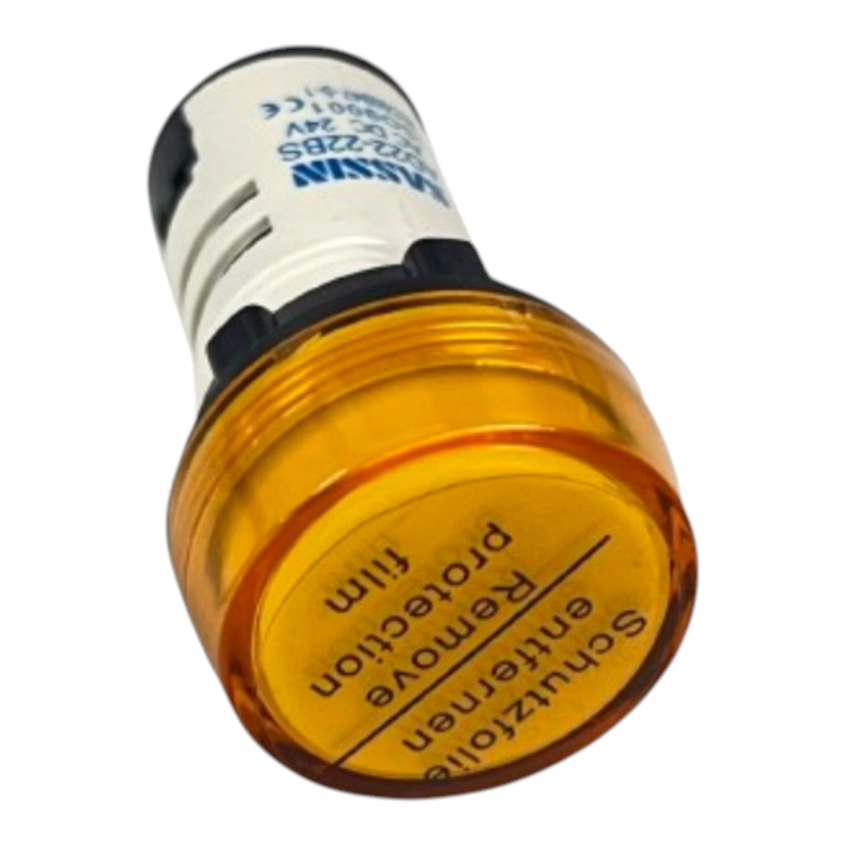 An amber warning light bulb with a clear amber plastic body, black and white top section, and printed warning text on the bottom.