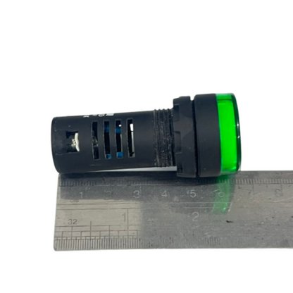 Sassin 22mm LED indicator lamp 36V green with black housing shown next to ruler for size reference