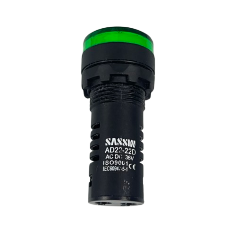 Sassin 22mm LED indicator lamp 36V green panel mount industrial status light black housing