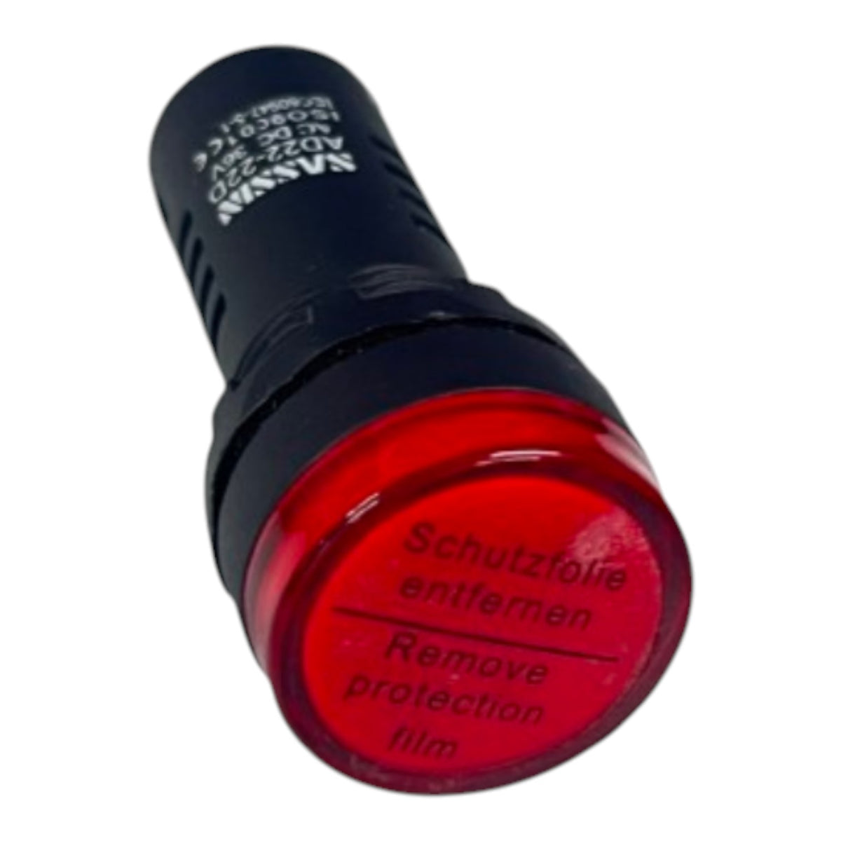 A red and black industrial indicator light with German and English text on the lens, shown on a plain white background.
