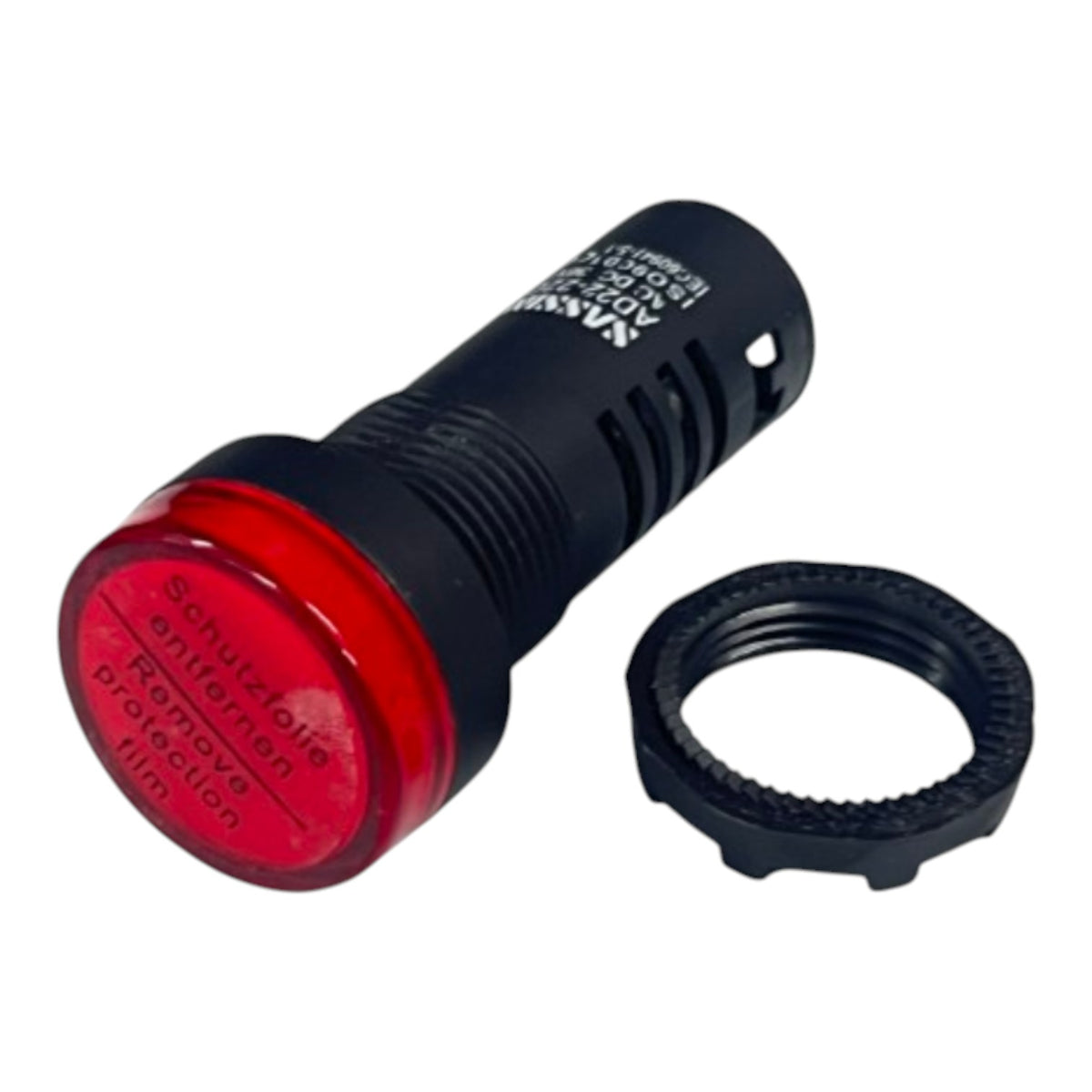 A black industrial electrical indicator light with a red protective lens and a separate black threaded mounting ring, shown on a white background.