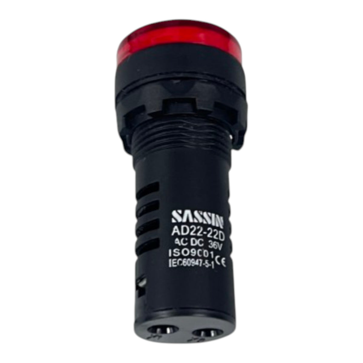 A black SANSIN industrial indicator light with a red lens and white printed specifications on the side, isolated on a white background.