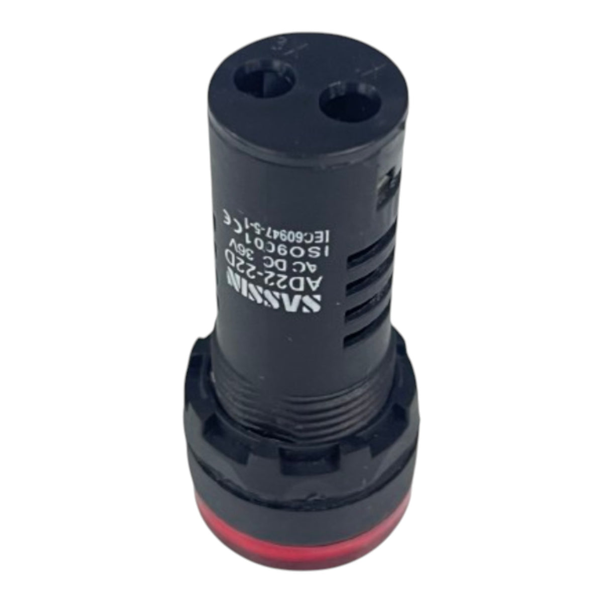 A black cylindrical industrial electrical component with white printed text and a red ring at the base, shown on a plain white background.
