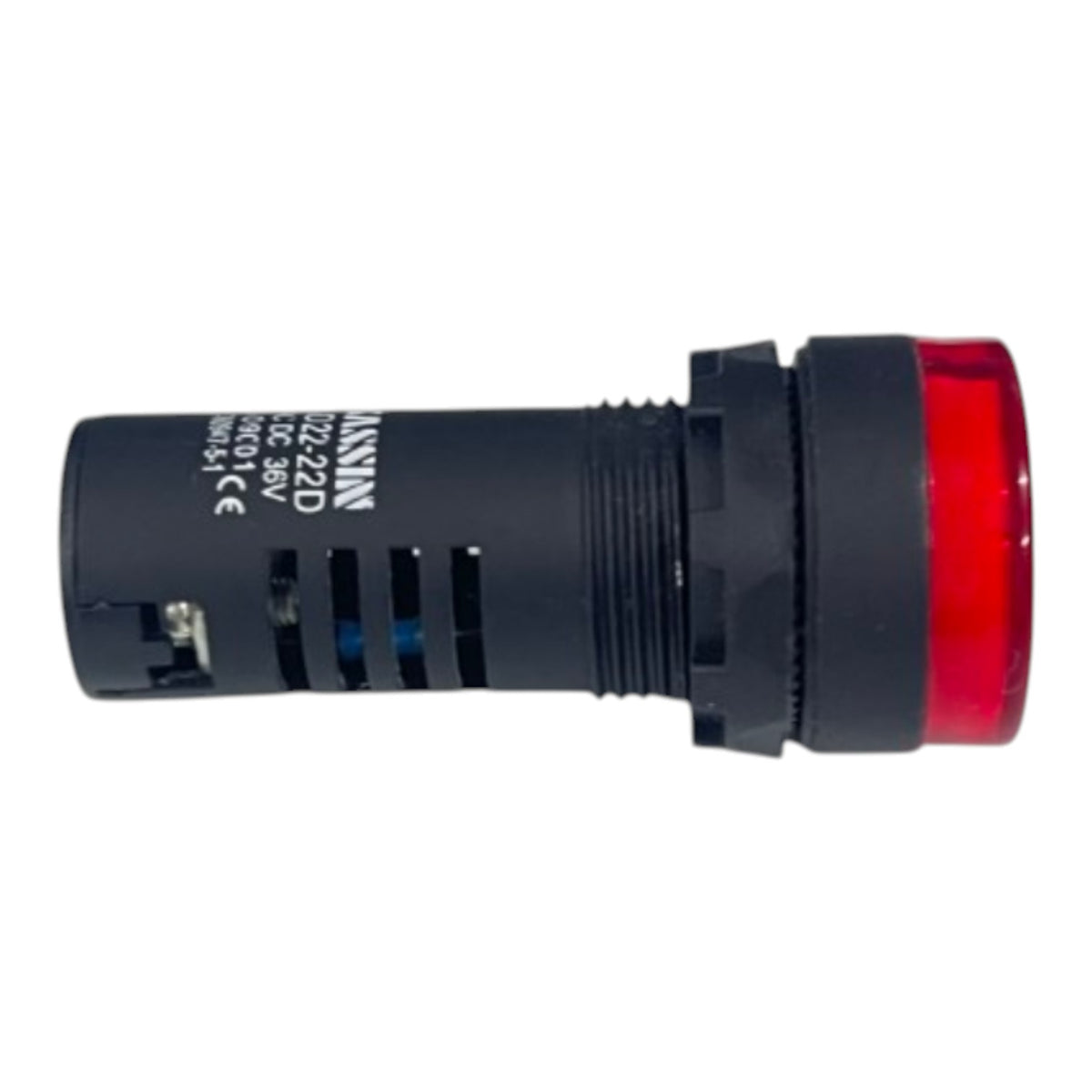 A black industrial push-button module with a red lens cover, featuring printed white technical specifications on the side.